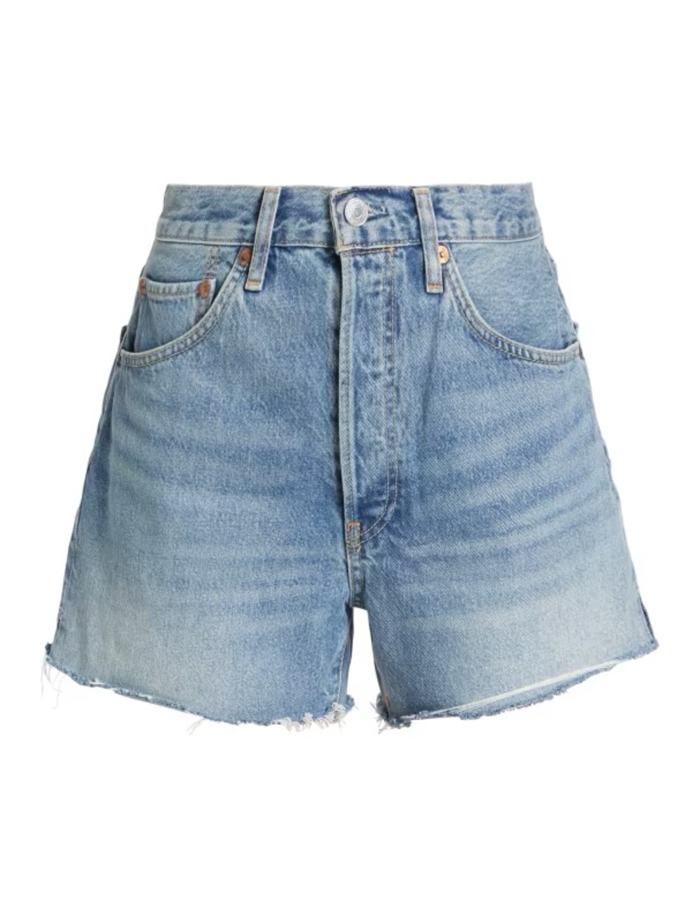 Re/Done 50s Distressed High-Rise Light Blue Denim Shorts